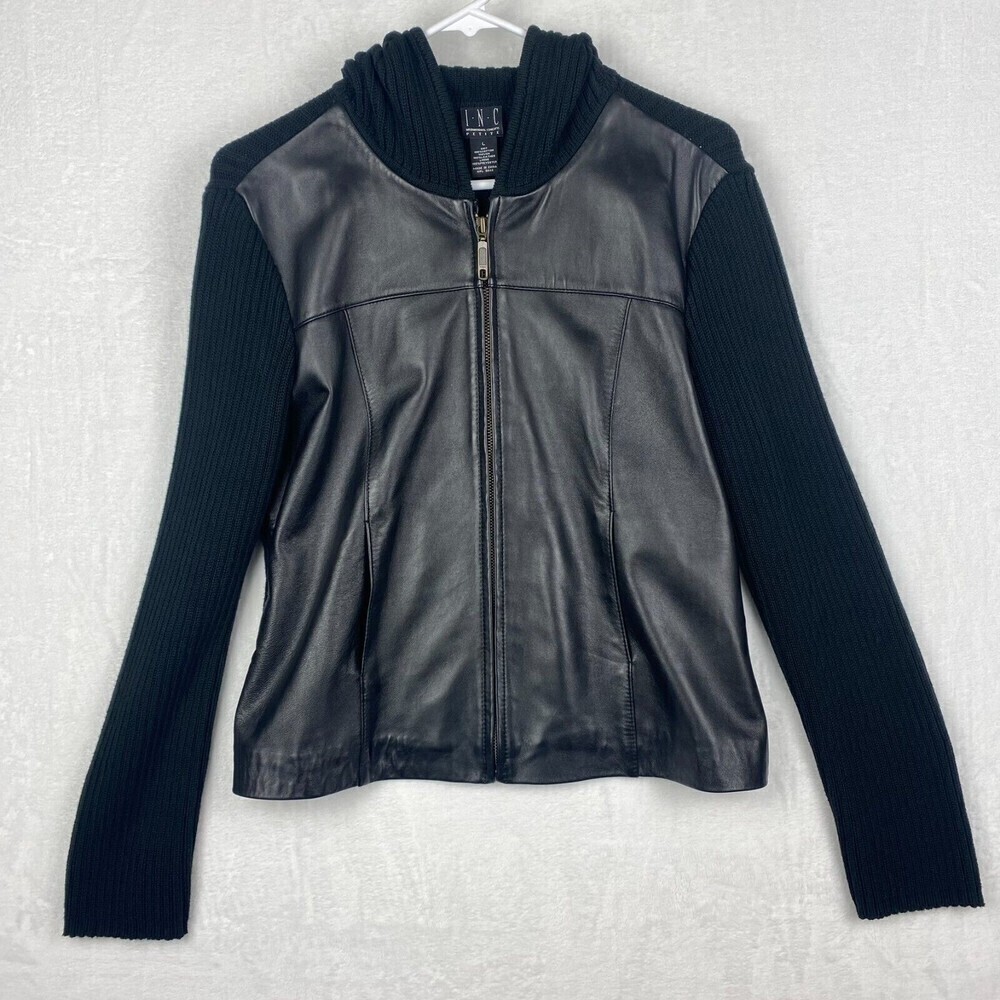 I.N.C Leather Jacket Womens Large Petite Black Pockets Hooded Ladies Jacket - Picture 2 of 11